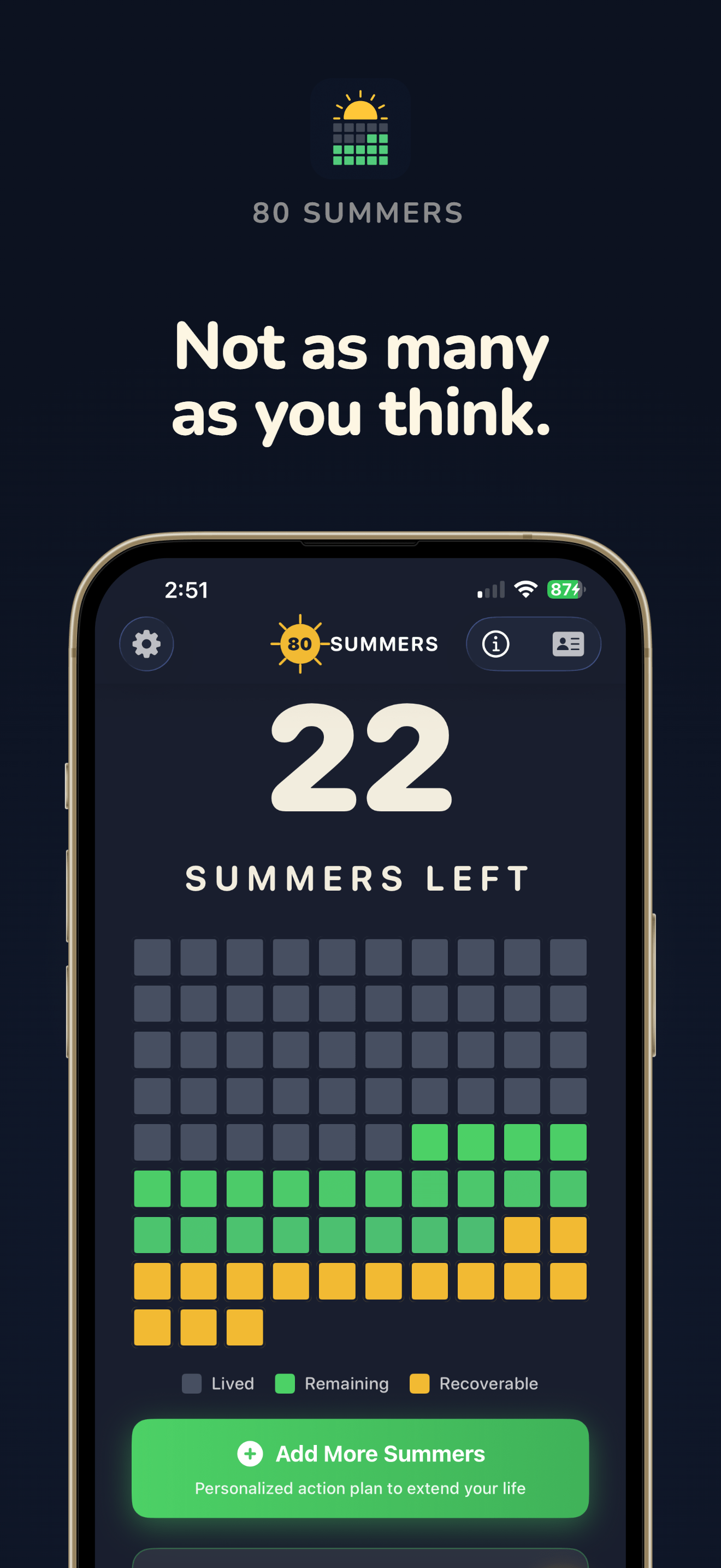 80 Summers app showing 22 summers left on a grid